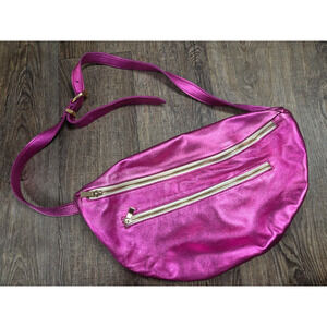 Flutter Boutique Genuine Leather Pink Metallic Fanny Pack Bum Bag Purse 2 Zipps